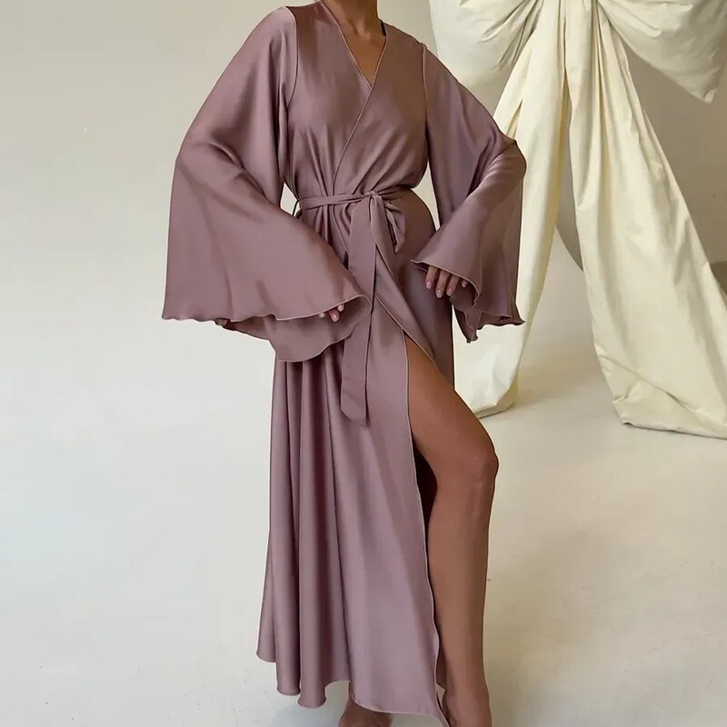 Four-Season Long Faux Silk Soft Tie-Up V-Neck Bathrobe for Women, French Luxury Banquet Gown with Large Flared Sleeves and a Draping Effect