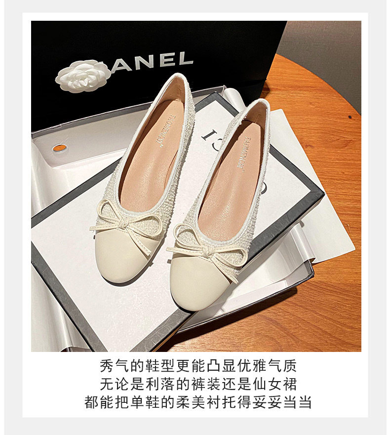 Giày búp bê nữ mũi tròn da cừu phối nơ, đế bệt gót thấp 1–3 cm — Mây Xám, Trắng sữa, Đen Mơ chi tiết 6