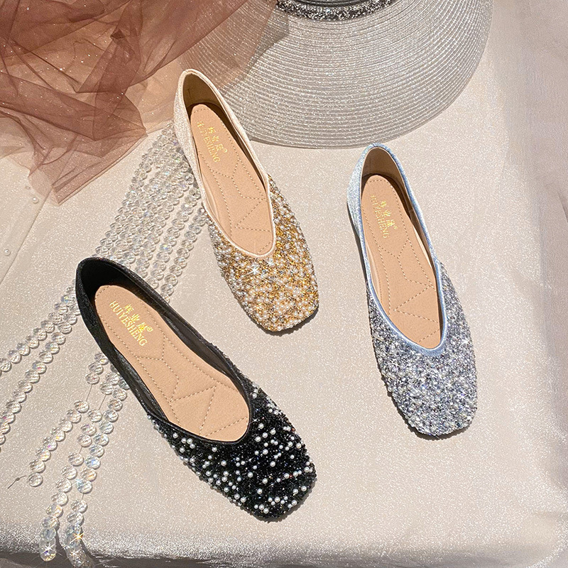 Hidden Heel Shallow Mouth Pointed Toe Flat Soft Sole Women's Shoes With Rhinestones And Pearls, Youthful Style,_vogvips.com