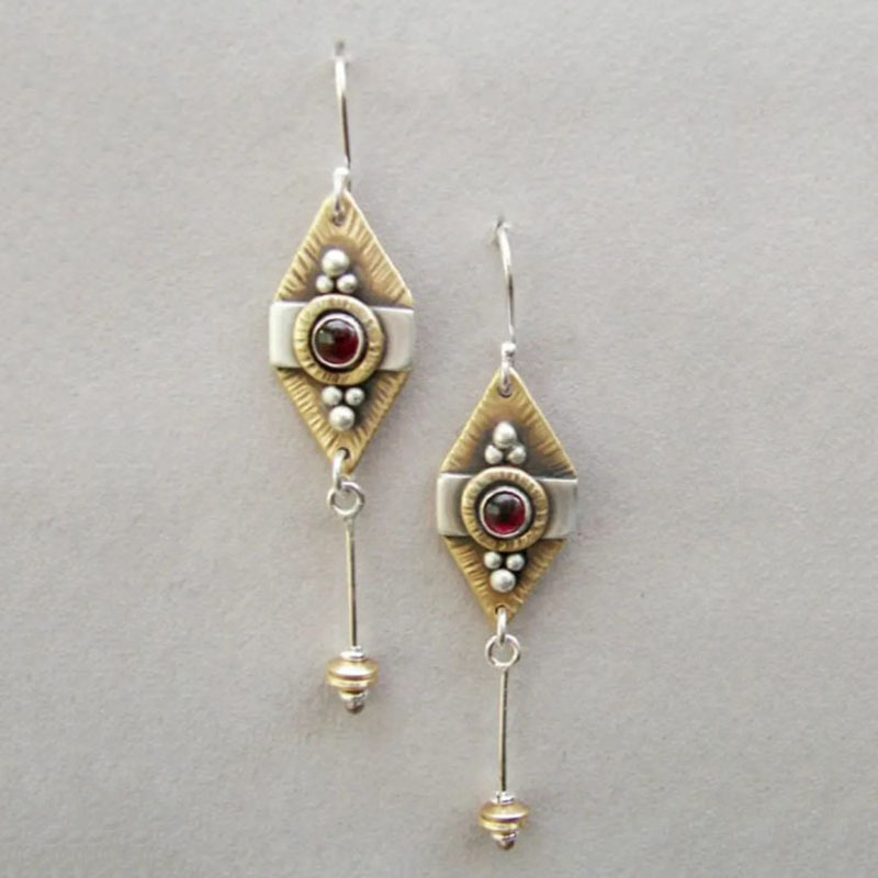 Two-tone Inlaid Ruby Geometric Carved Earrings