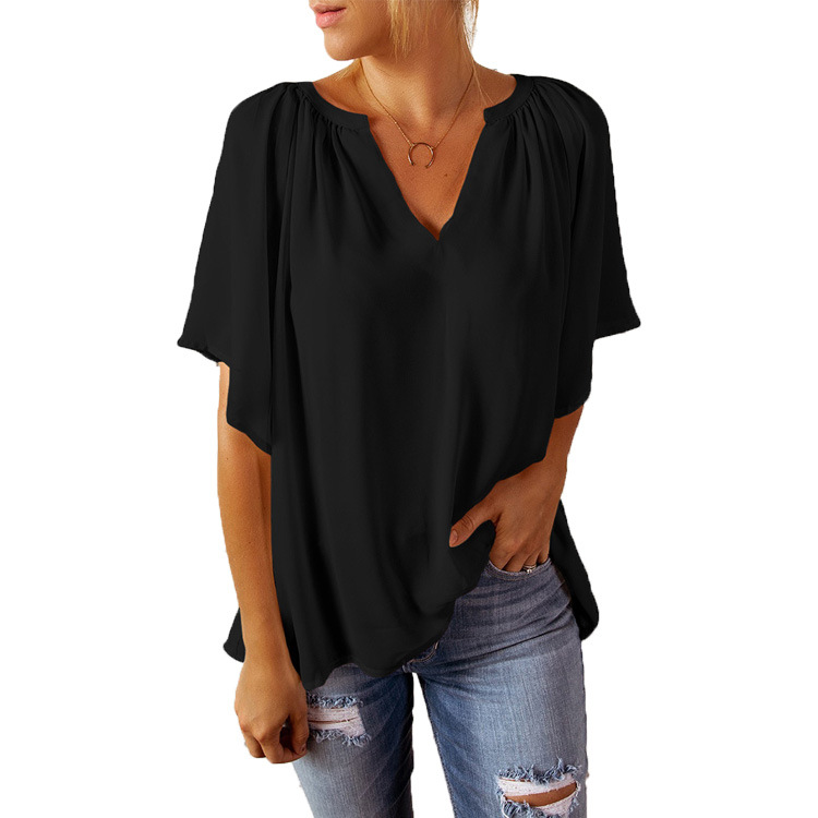 2024 Summer New Loose Quarter Sleeve T-shirt Women's V-neck Pullover Top_voghion.com