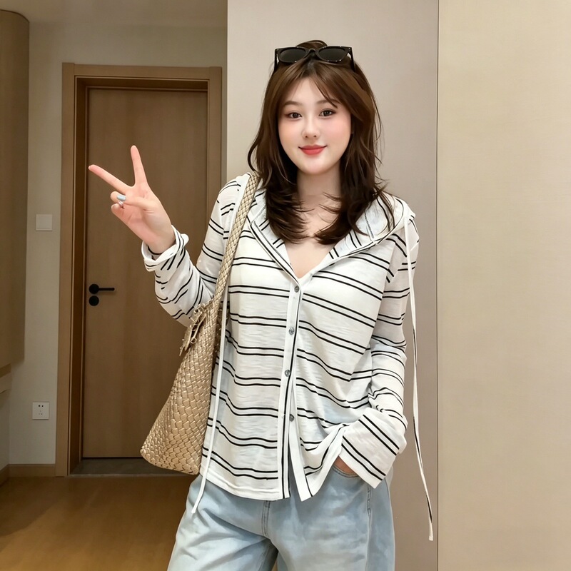 160g Tencel Linen Bamboo Fiber】Versatile Long-Sleeve Striped Cardigan T-Shirt, Lightweight Hooded Casual Relaxed Sun-Protective Top 160g Tencel Linen Bamboo Fiber】Versatile Long-Sleeve Striped Cardigan T-Shirt, Lightweight Hooded Casual Relaxed Sun-Protective Top