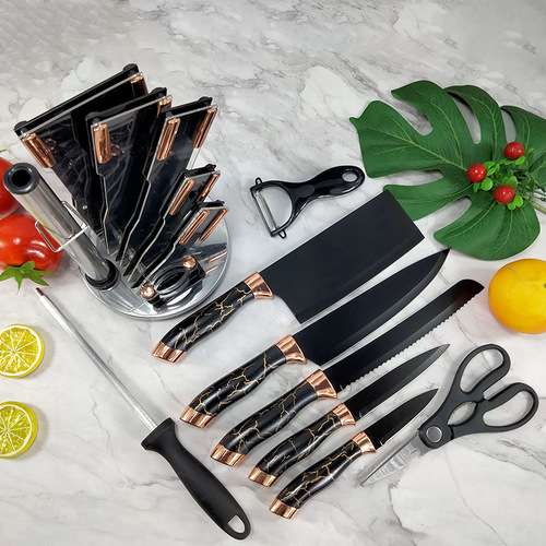 Stainless steel double electroplated head with blade holder, marble pattern handle set kitchen knife set nine-piece sharp