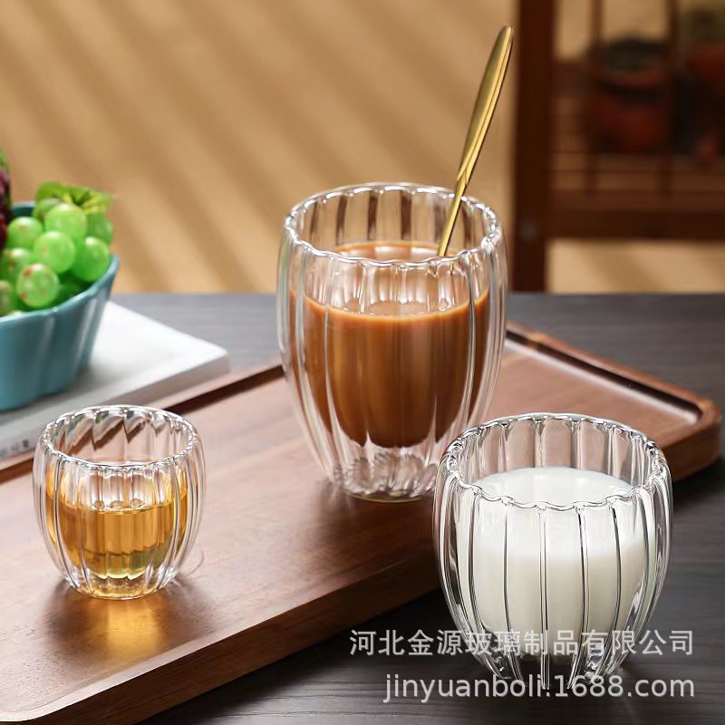 Tazas de vidrio a rayas de doble capa personalizadas, tazas de vidrio a rayas de alta resistencia al calor, tazas de leche de oficina, tazas de desayuno