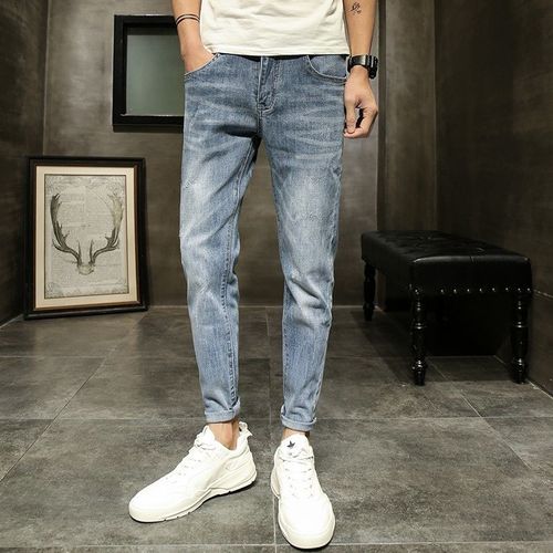 Men's Summer Jeans Trendy Slim Straight Leg Korean Style Casual 9-inch Elastic Pants