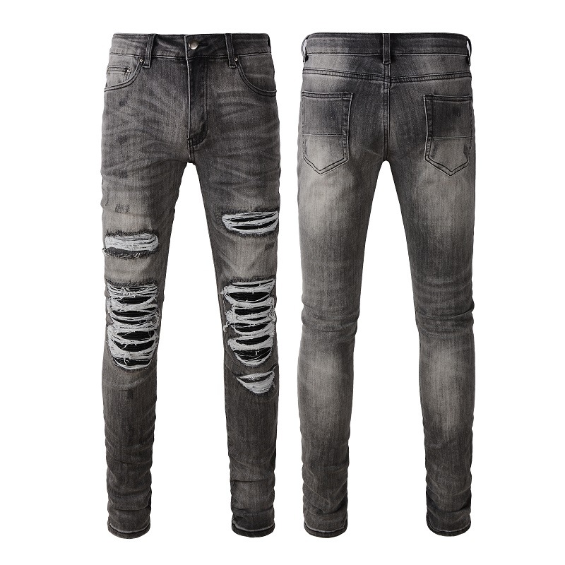 Men's Clothing Non mainstream personality patch jeans for men Handmade DIY knee destroyed gray casual pants for men_voghion.com