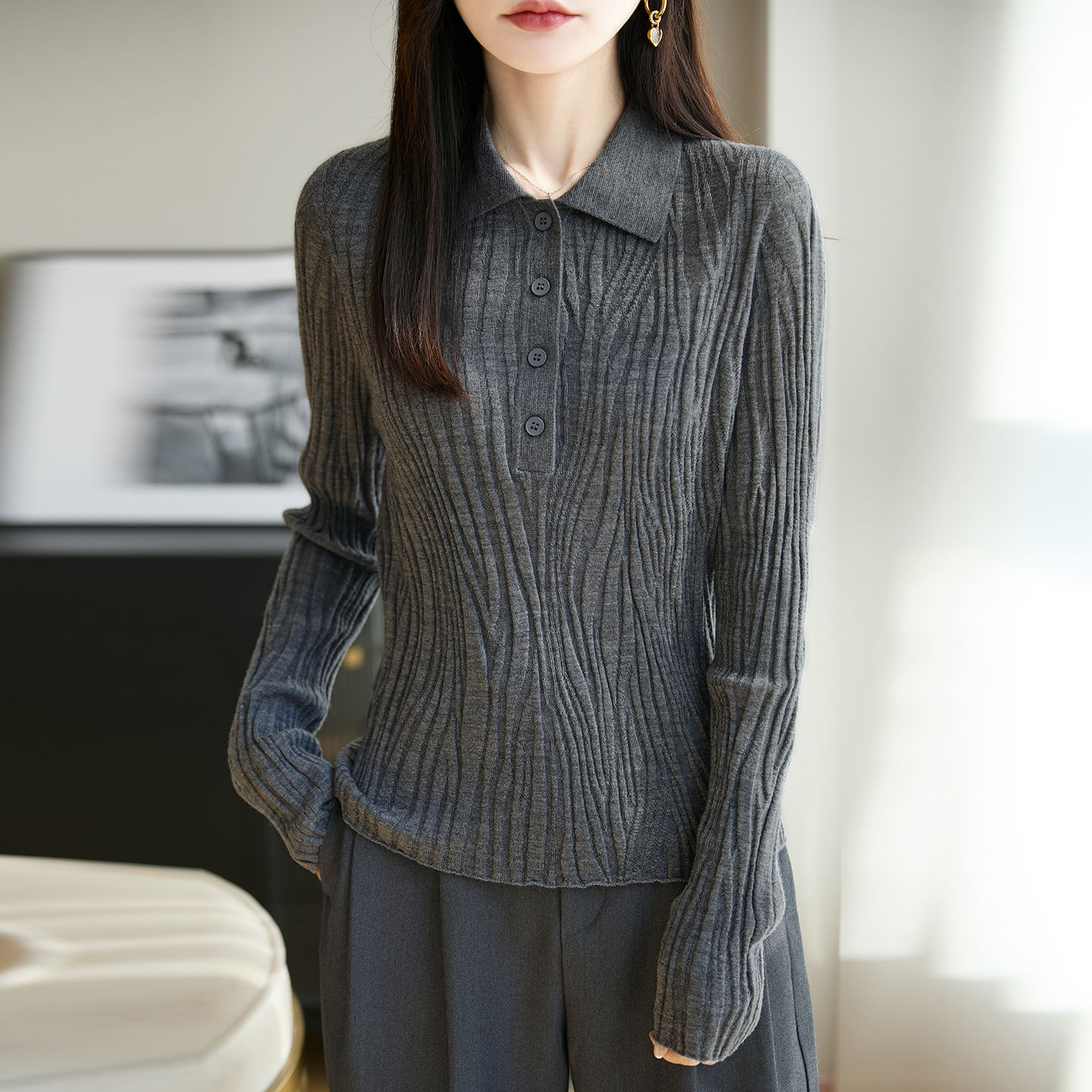 Textured 100% Pure Wool Polo Collar Knit Sweater for Women, 2026 New Fine-Spun Warm Base Sweater