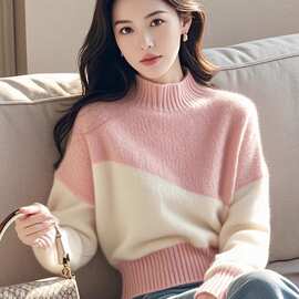 时尚休闲慵懒风粉色半高领长袖毛衣针织衫女秋冬款超好看软糯小衫
