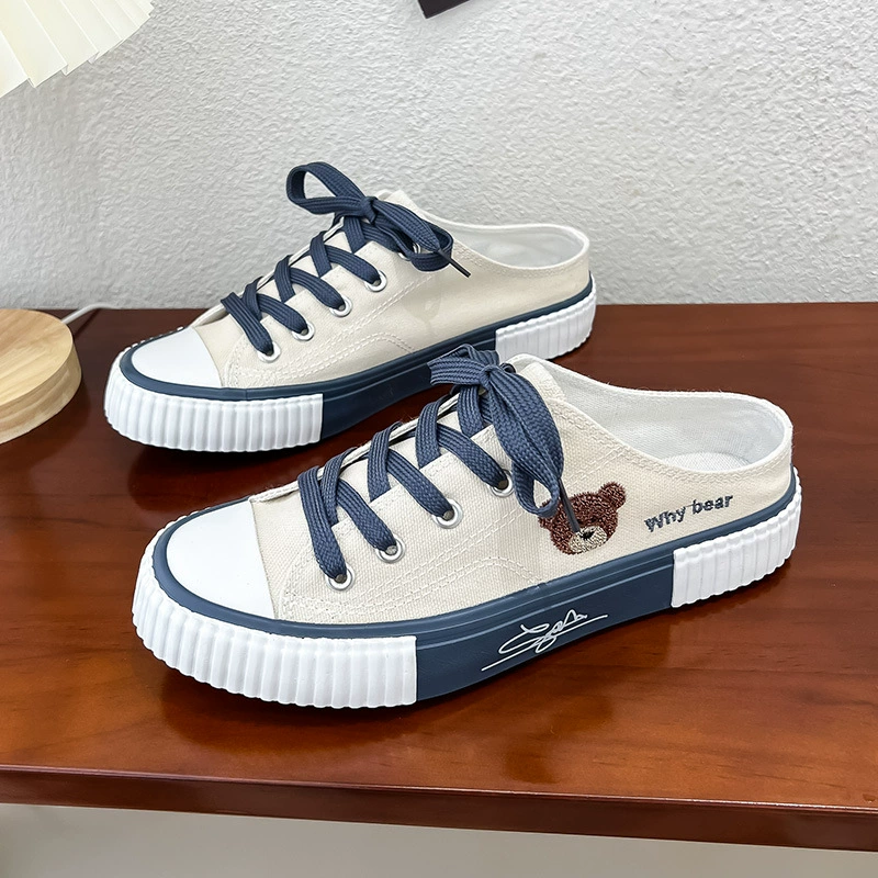 Холщовая обувь с медведем, женские летние 2023, новые повседневные кроссовки с низким берцем на плоской подошве в корейском стиле, идеальные подходящие полутапочки