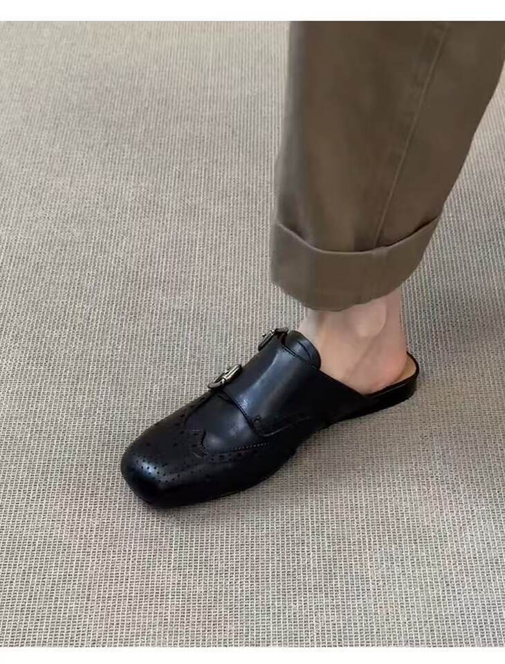 Giày lười nữ mũi vuông da thật kiểu Brogue hai hàng khóa, đế bằng — Màu nâu, màu đen chi tiết 9