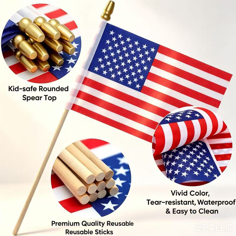 Cross-Border American Flag Wooden Pole with Golden Pointed Tip, Plastic Pole with Wooden Round Head, Polyester Flag 10X15Cm Flagpole