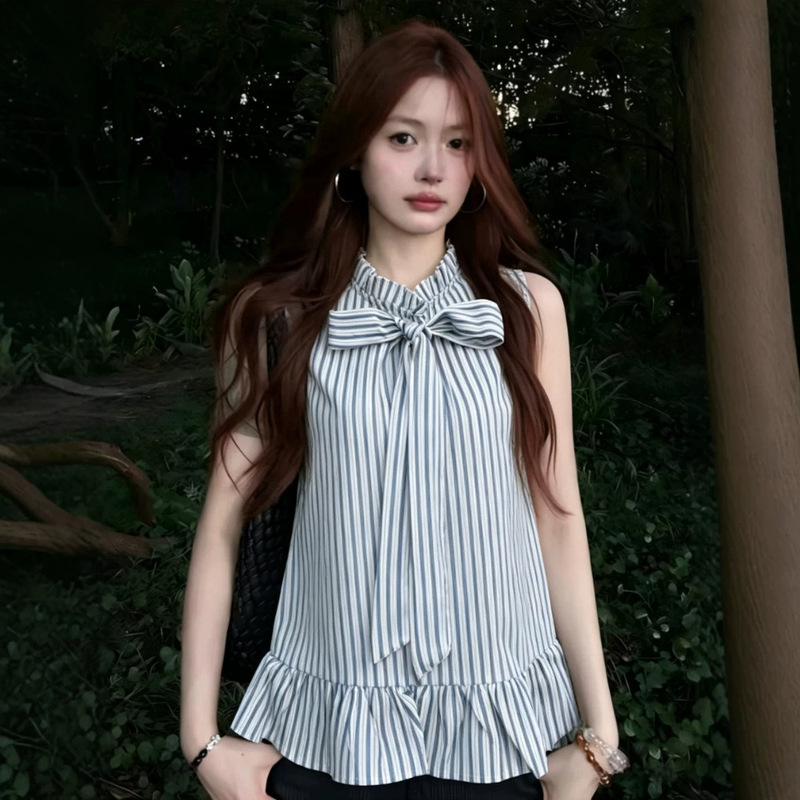 Korean-style Commuter Striped Halter Neck Sleeveless Shirt for Women with Bow Tie and Ruffle Trim, Loose and Slimming Summer Top for Women Korean-style Commuter Striped Halter Neck Sleeveless Shirt for Women with Bow Tie and Ruffle Trim, Loose and Slimming Summer Top for Women