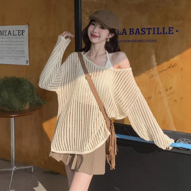 2025 New Spring and Summer Thin Hollow Mesh Blouse Women's Loose Laid-back Long-sleeved Shoulder Sweater