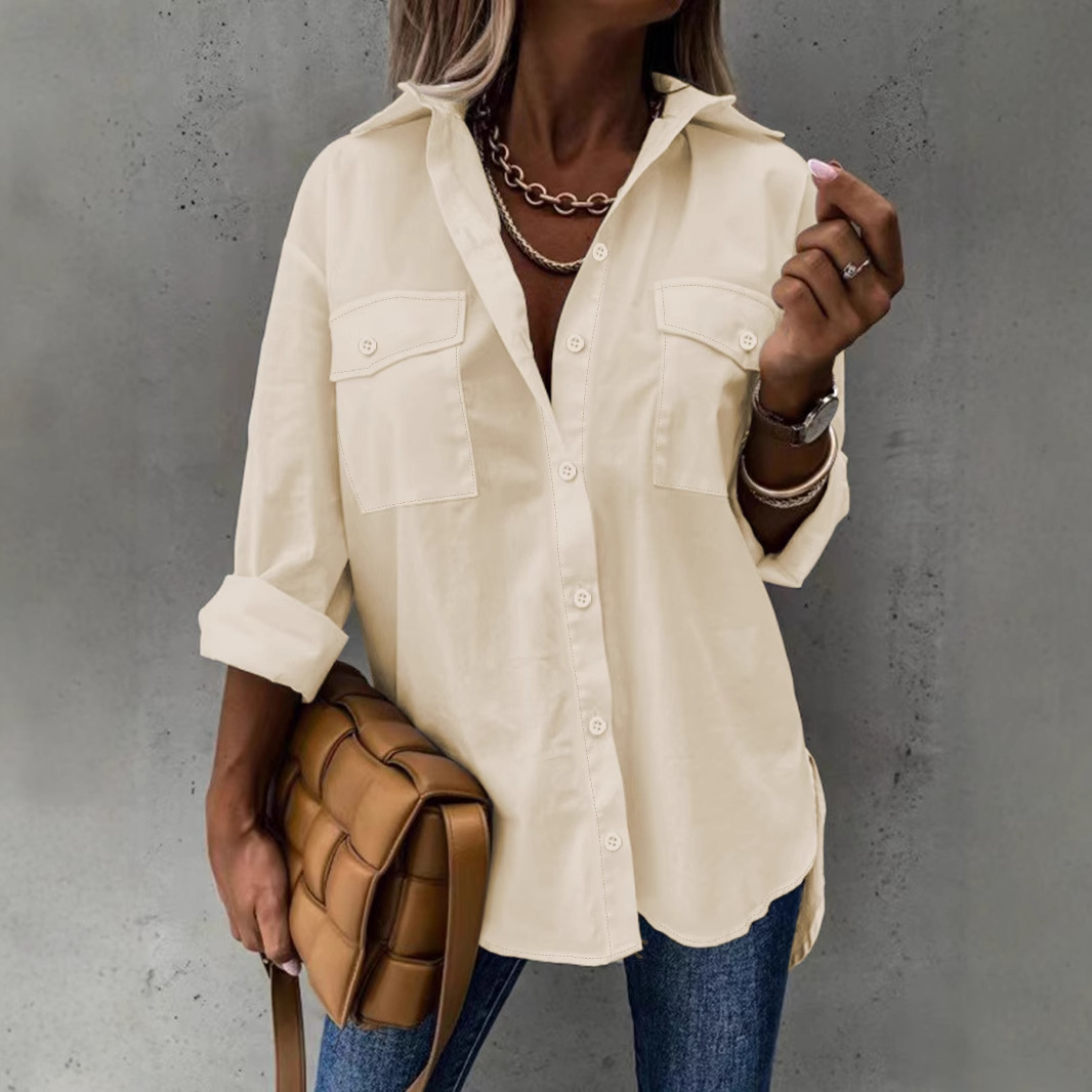Ebay Amazon Wish European and American four seasons versatile loose-fitting long-sleeved lapel shirt top