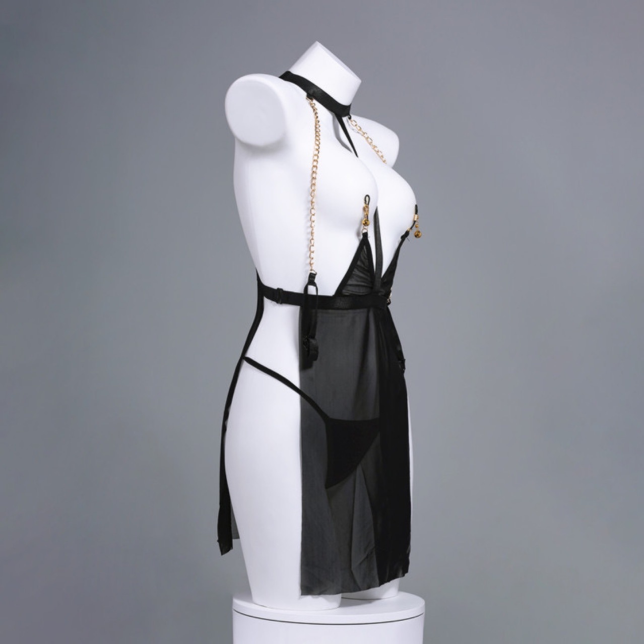 Open-Front Hollow Lace Cheongsam-Style Babydoll Set with Straps, Lightweight Sheer Intimate Pajamas — detail image 5