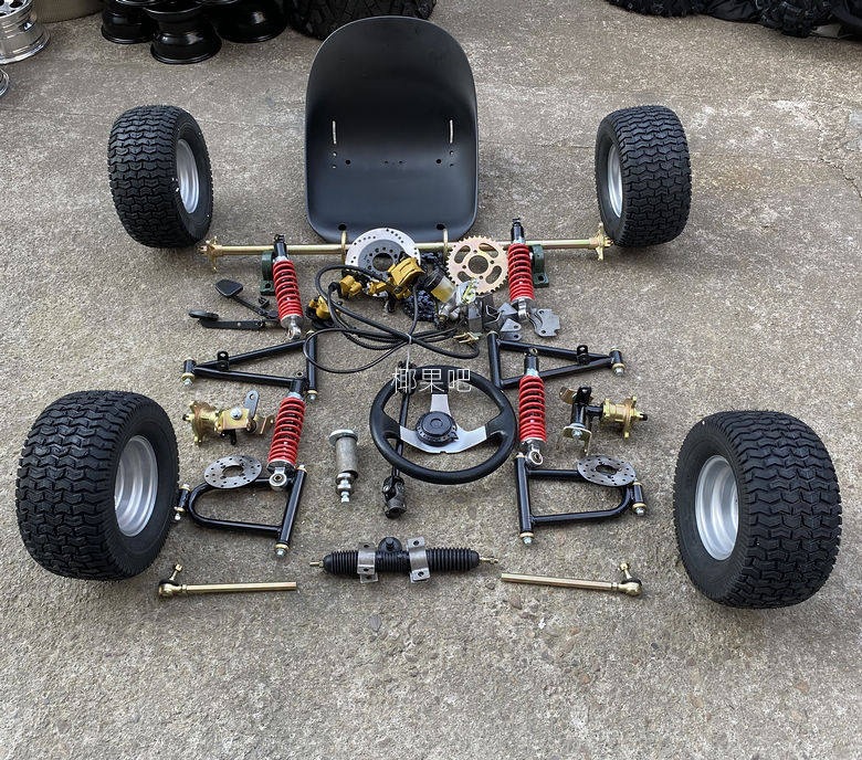 Modified Go-Kart Parts, Homemade Four-Wheel Vehicle with Front and Rear Suspension, Steering Wheel, 1m Rear Axle, 6/7/ 8inch Tires
