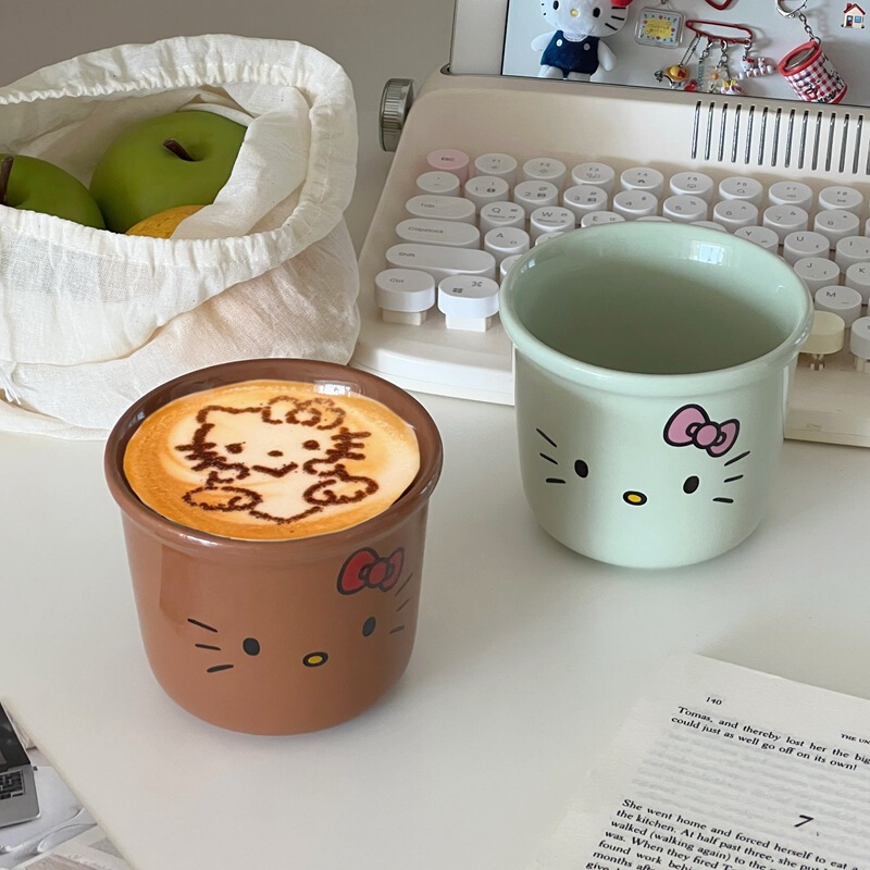 インスタイルブラックレザーktセラミックカップマグホームコーヒーカップクリームハローキティガールハートカップ|undefined
