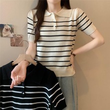 条纹polo领冰丝高腰短袖t恤女夏季薄款针织小衫收腰短款上衣ins潮