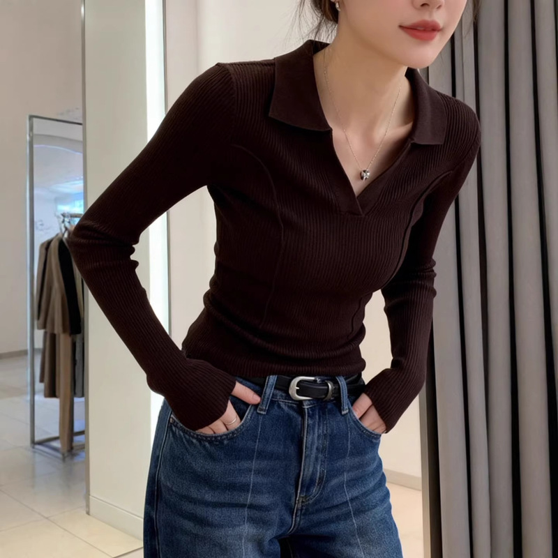 High-End Solid Color Stylish Versatile Polo Half-Open Collar Knit Sweater for Women, Slim Fit, Flattering, Long-Sleeve Base Layer Sweater