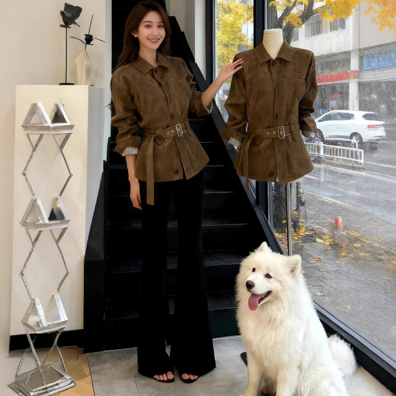 Korean Retro Distressed Lapel Single-Breasted Belted Waist Jacket Women's Autum Suede Slim Cardigan Top Ins