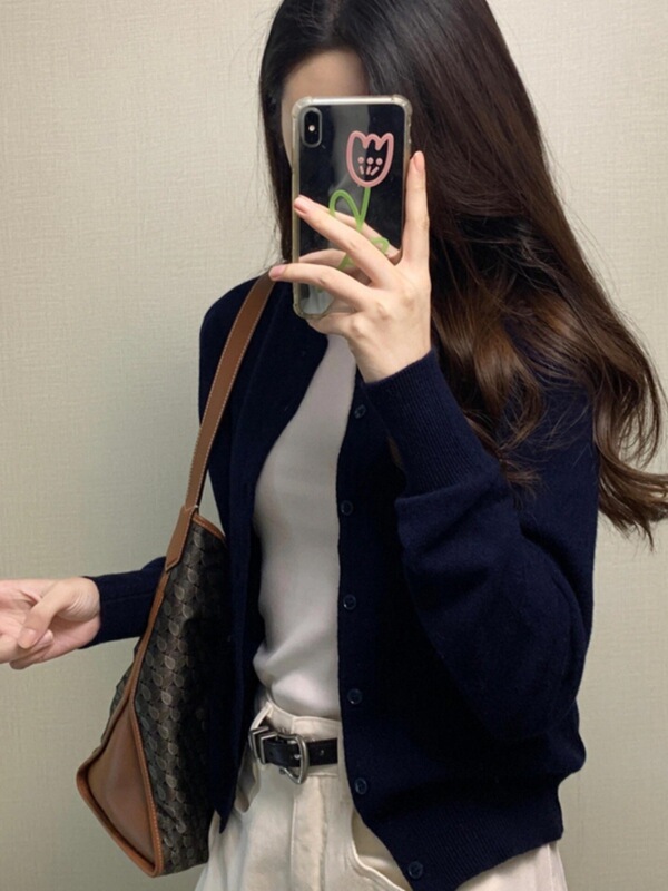 深蓝色外搭针织开衫外套女2025秋冬新品时尚穿搭修身长袖打底上衣|undefined