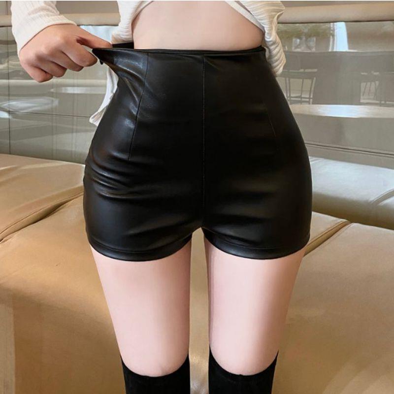 2023 autumn and winter New plus size chubby girl wide-leg pants women's Korean-style slimming PU leather shorts black casual bottoming boot pants
