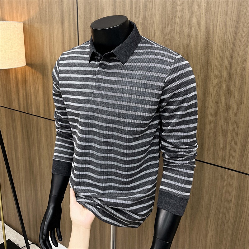 Spring, autumn, and winter seamless long-sleeve classic striped T-shirt for men, polo shirt with a turn-down collar, versatile base layer T-shirt Spring, autumn, and winter seamless long-sleeve classic striped T-shirt for men, polo shirt with a turn-down collar, versatile base layer T-shirt