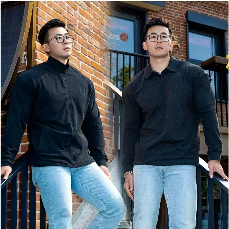 280g秋冬重磅双面德绒保暖弹力修身复古长袖打底衫polo领外套男