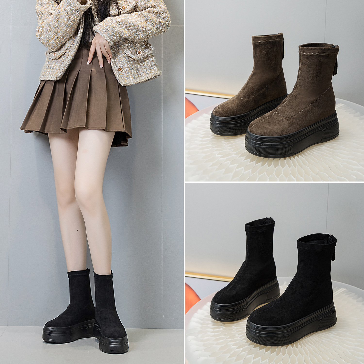 弹力瘦瘦靴厚底马丁靴2025新款粗跟拉链短靴黑色圆头裸靴中筒加棉