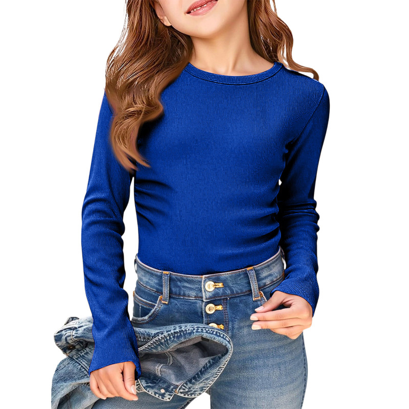 2026 European and American Cross-Border New Style Children's and Women's Long-Sleeve Stretchy Round-Neck Ribbed T-Shirt Slim Fit Casual Basic Style