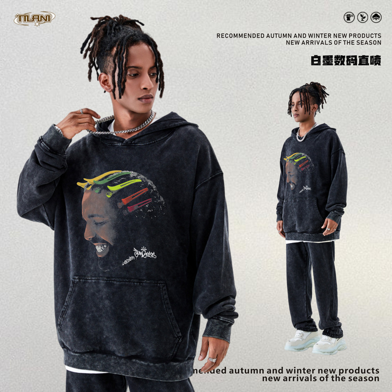 TILANI men's black 420G terry cotton washing old character print men's hooded casual sweatshirt
