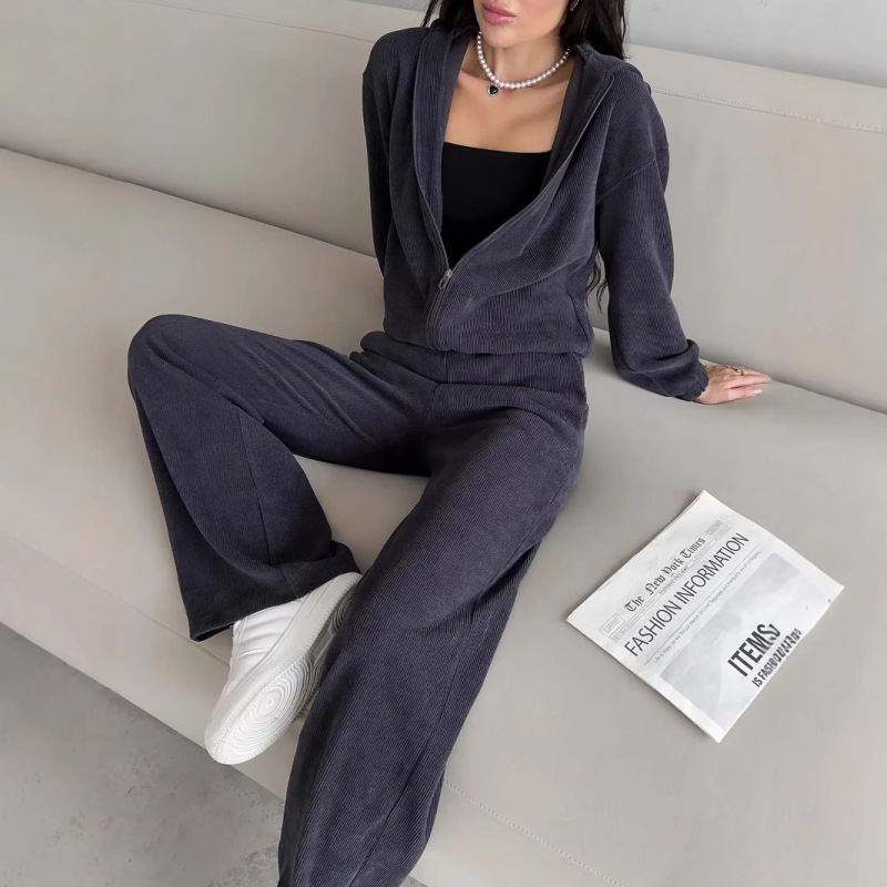 2025新款欧美跨境女士休闲套装纯色长袖连帽开衫卫衣松紧腰阔腿裤|undefined