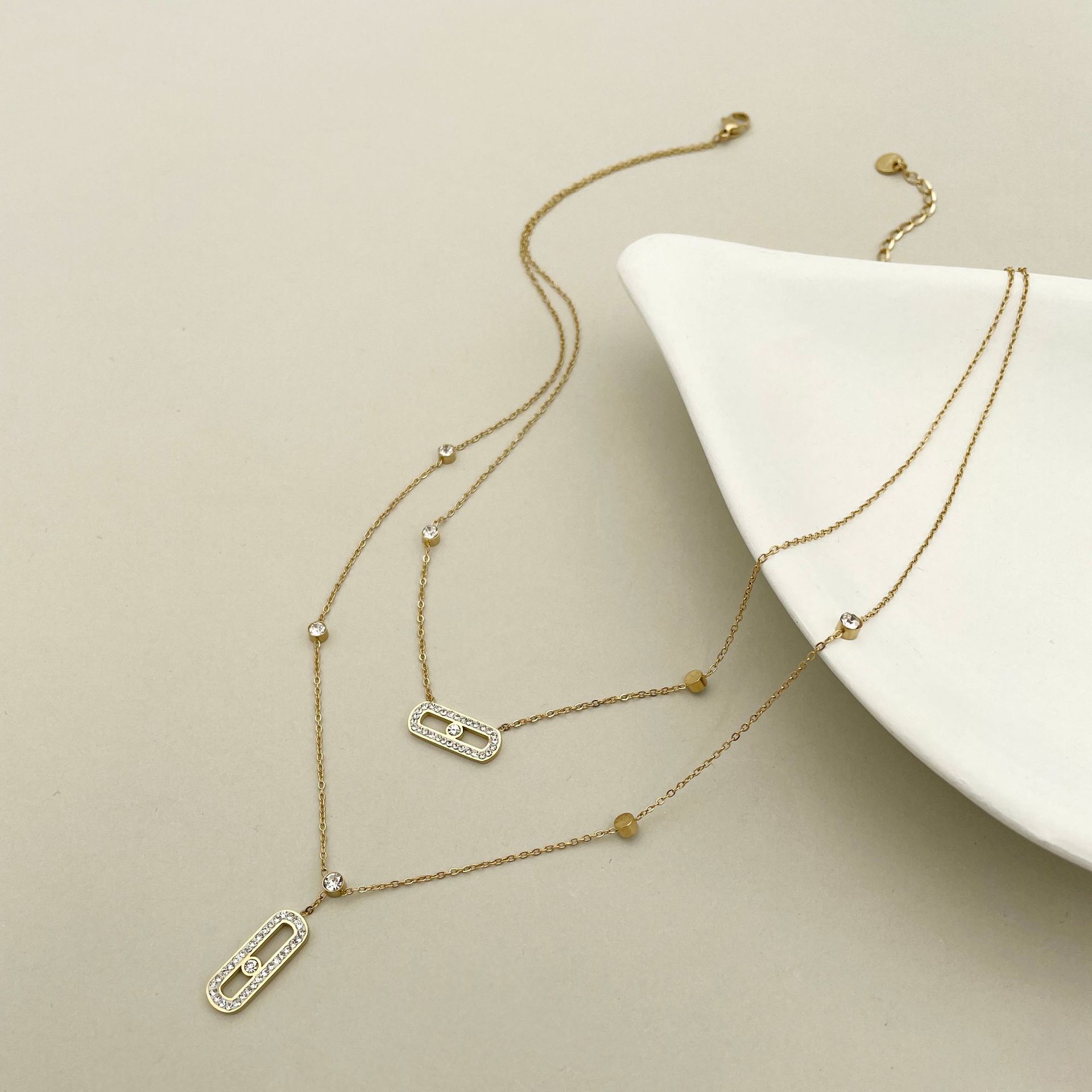 Fashion Paper Clip Stainless Steel Plating Zircon Layered Necklaces
