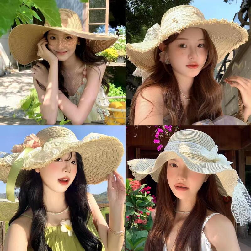 Lace Bow Large Brim Sunshade Straw Hat for Women Summer 2026 New Style Sun Protection Hat Seaside Vacation Beach Hat
