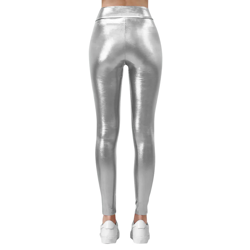Cross-border solid color metallic sheen high-waisted shaping jogger pants, high elasticity, slimming, sexy nightclub party tight-fitting bodycon long pants