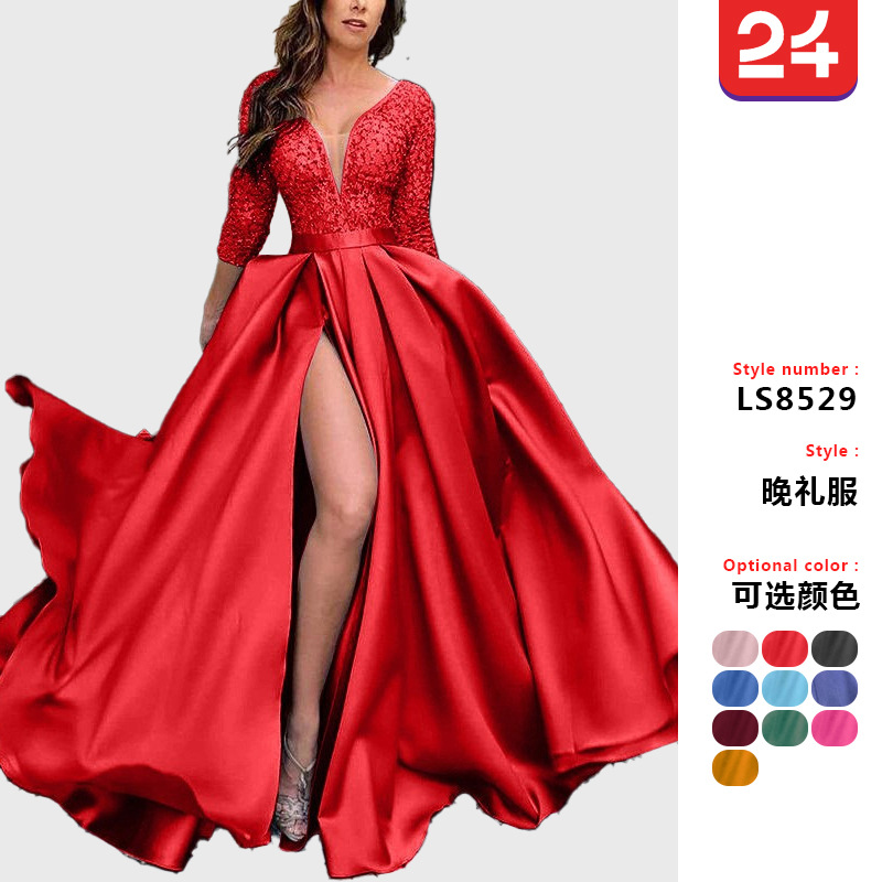 Vestido largo de noche con cola, de encaje y lentejuelas, estilo europeo y americano, para exportación, moda femenina primavera/verano 2025, ideal para banquetes. image 3