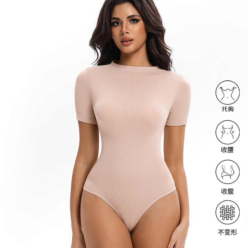 Cross-Border One-Piece Shapewear Short-Sleeve Round Neck Buttoned Crotchless Tight-Fitting Seamless Body Shaper for Women Direct from Factory