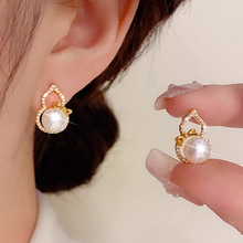 迈思卡S925纯银满钻珍珠如意耳钉女轻奢高级设计感蝴蝶结葫芦耳饰