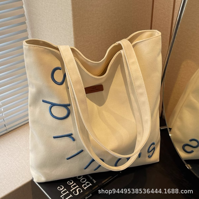 刺繍入り斜め掛けレターキャンバスバッグ レディース カジュアル 大容量 ショルダー トートバッグ 多用途 学生 通学 ハンドバッグ|undefined