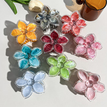 跨境新品金粉透明边拼大理石流纹发夹度假鸡蛋花朵抓夹盘发鲨鱼夹