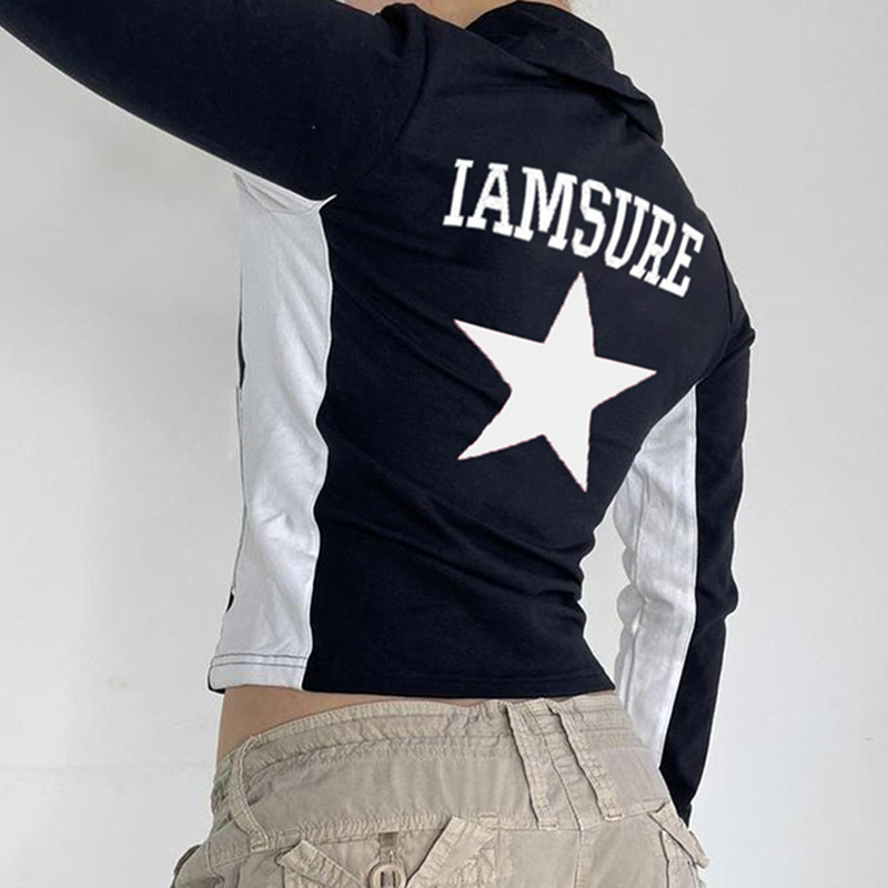 product - wholesale Women Clothing Autumn Winter Street Tide Brand Personality Five Pointed Star Printed Zipper Coat - 4
