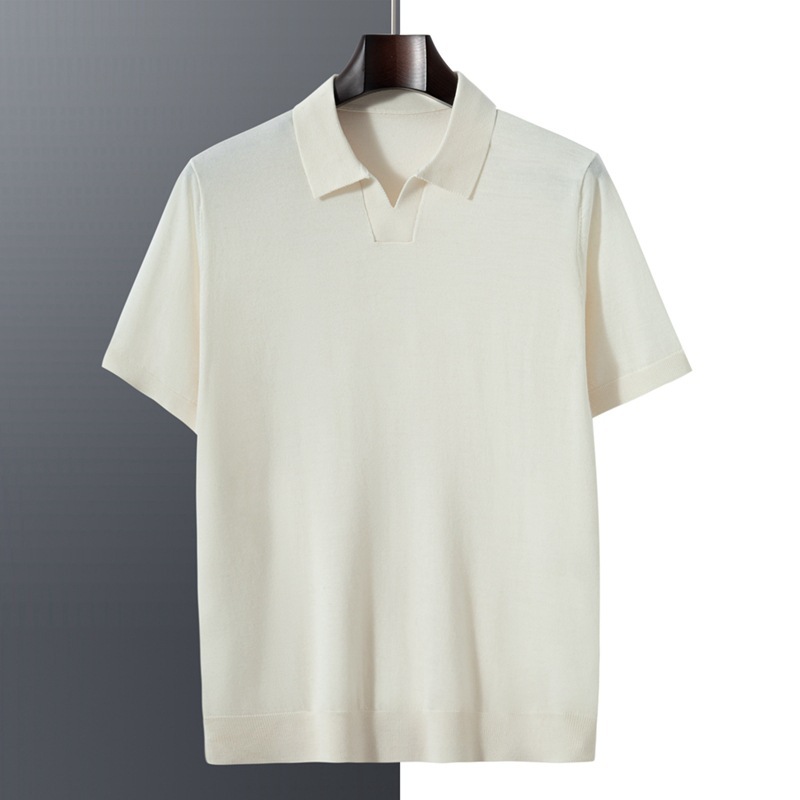 Cashmere half sleeve men's T-shirt 100% pure cashmere 2024 spring polo collar boutique thin knitted short sleeve