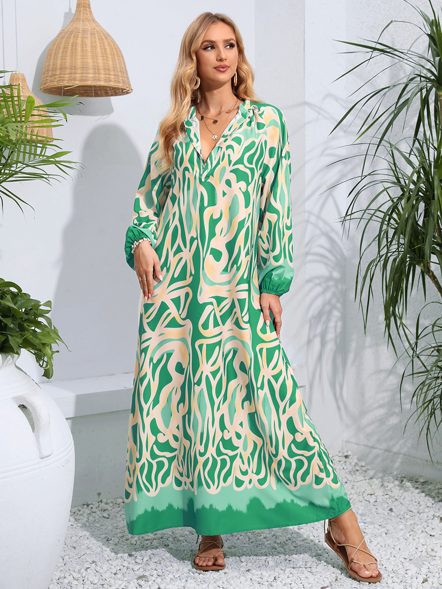 Long Sleeve Sleeve Length Wholesale Women's Elegant Vacation Printing Button Color Block Holiday Daily V Neck Long Sleeve Swing Dress