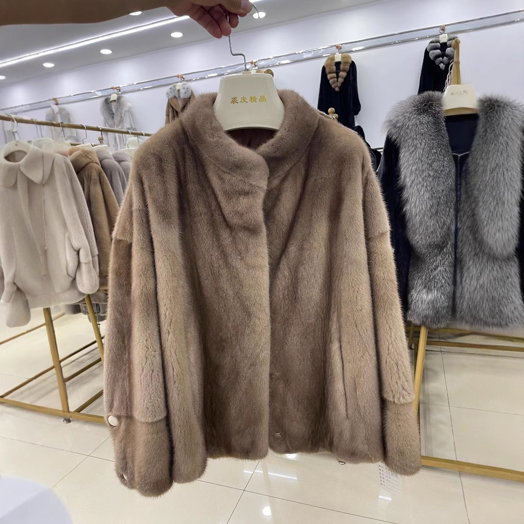 2025年新款进口皮草外套紫标天鹅绒水貂整貂皮大衣女短款立领时尚