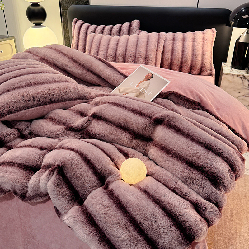 Juego de cuatro piezas de felpa de conejo de terciopelo de leche, terciopelo de coral de invierno, sábana gruesa y cálida, funda de edredón, franela, felpa de doble cara