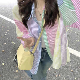 马卡龙拼色格子衬衫女夏新款设计感小众宽松休闲减龄百搭防晒衬衣
