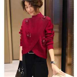 圣诞红过年红交叉短款长袖毛衣女秋冬时尚半高领宽松百搭针织衫