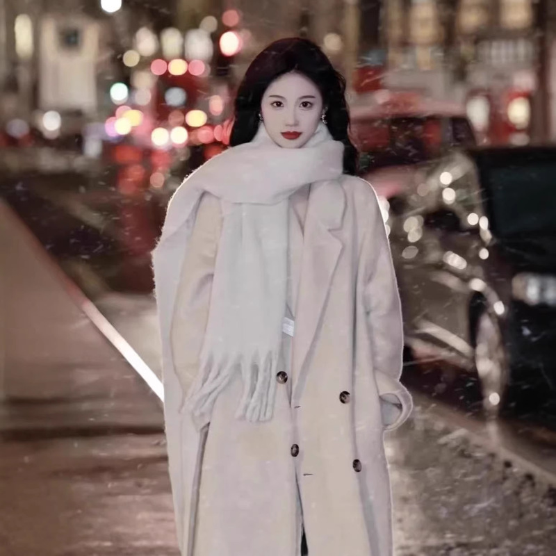 Double-Sided Wool Coat for Women, Elegant Korean Style, Loose Fit, Slimming, Versatile, Lazy Style, Mid-Length Woolen Coat