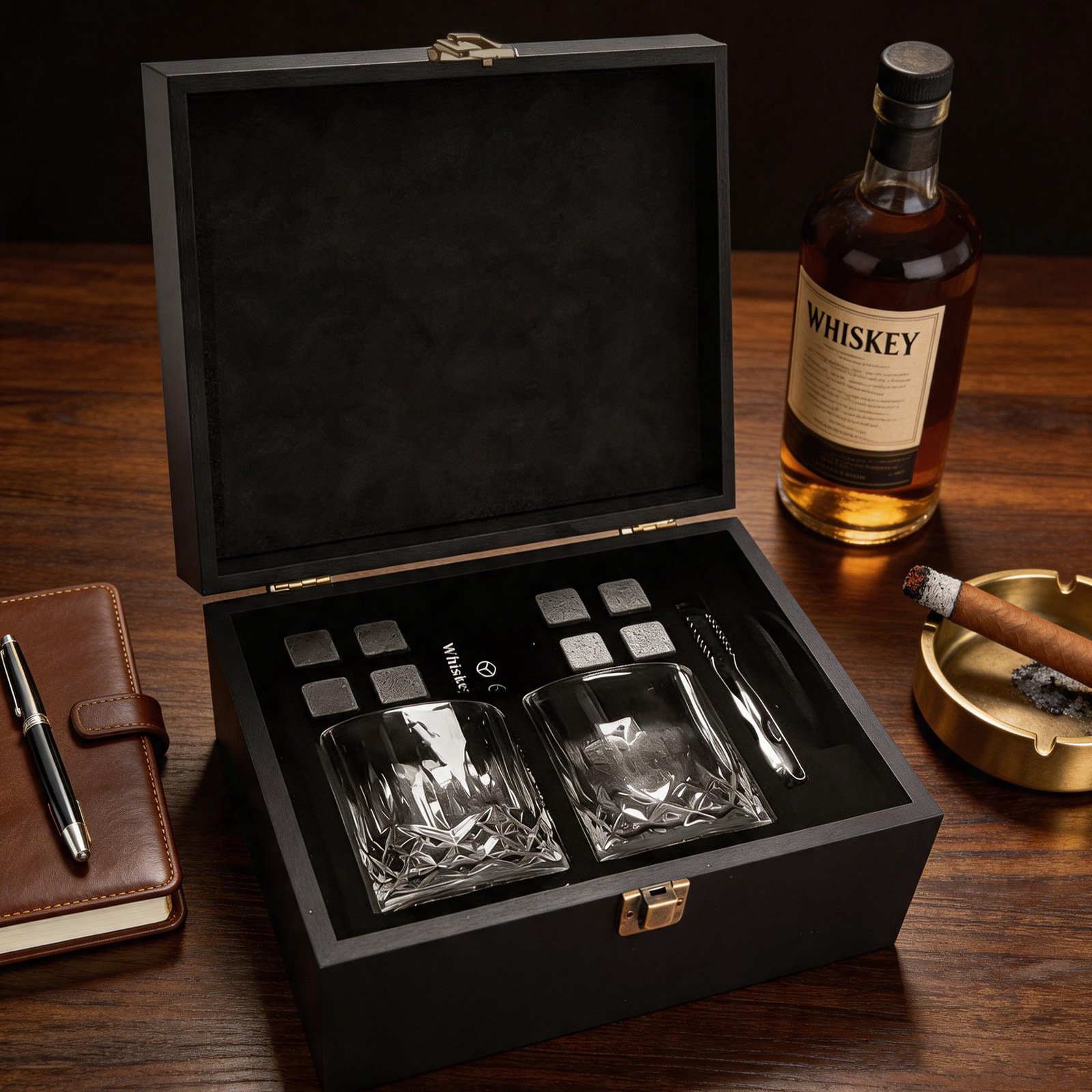 Caja de madera de cristal de whisky de vino de hielo transfronterizo caja de regalo de piedra de hielo de alto grado