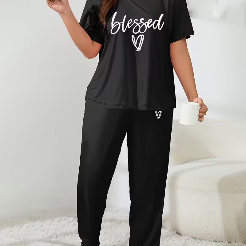 Cross-Border Foreign Trade Women's Home Wear Short-Sleeved Long Pants Set Factory Direct Supply